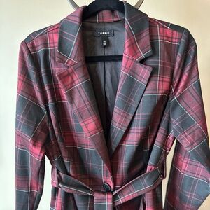 Torrid Women's Red and Black Plaid Longline Trench Removable Self Tie Belt